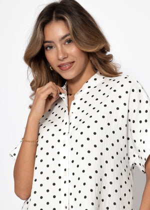 Muslin blouse with attached short sleeves and dots - off-white