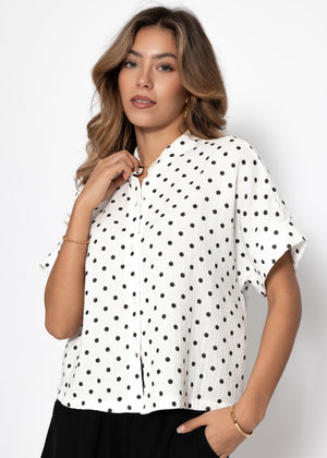 Muslin blouse with attached short sleeves and dots - off-white