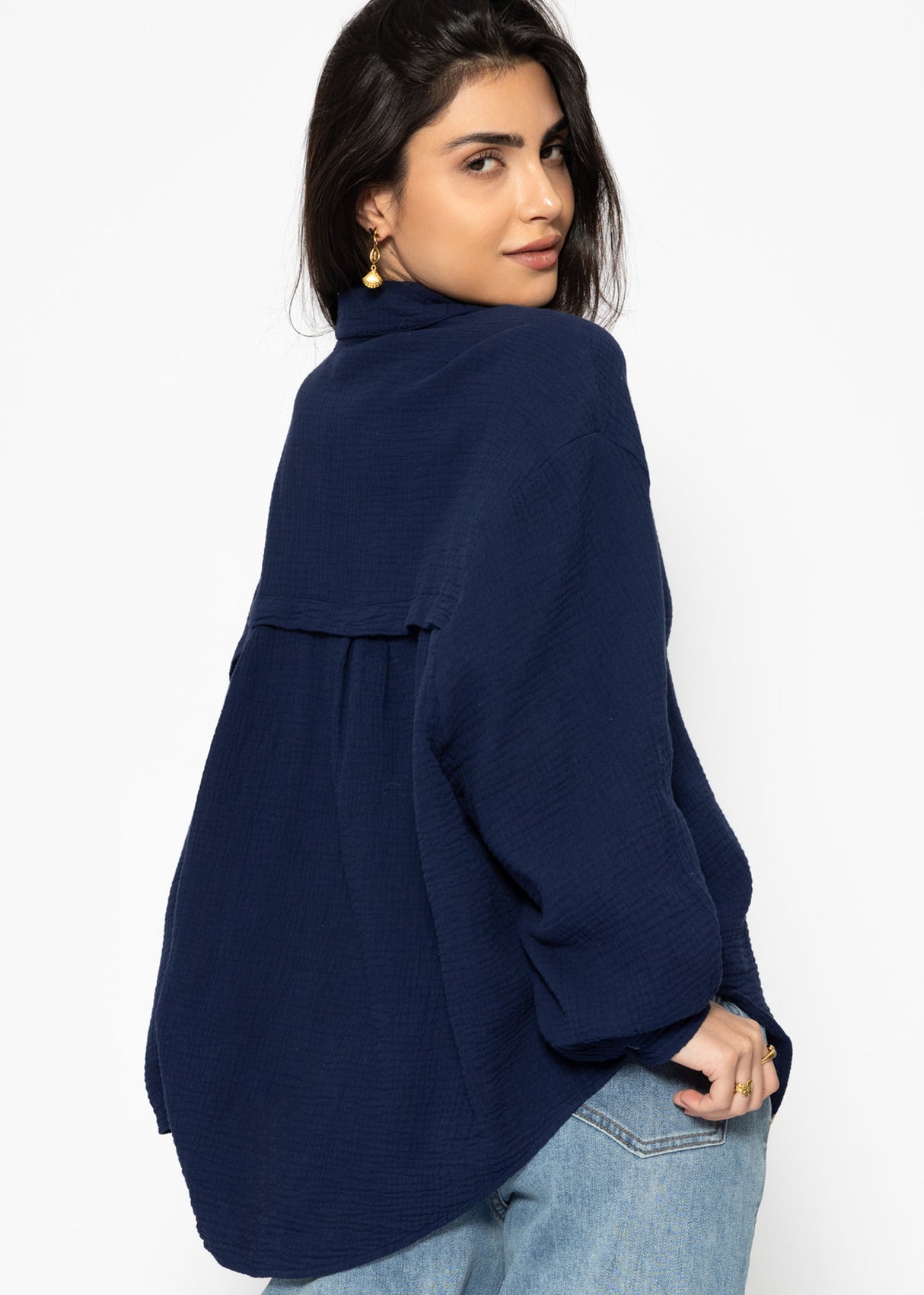 Musselin Bluse oversize, kurz, dunkelblau