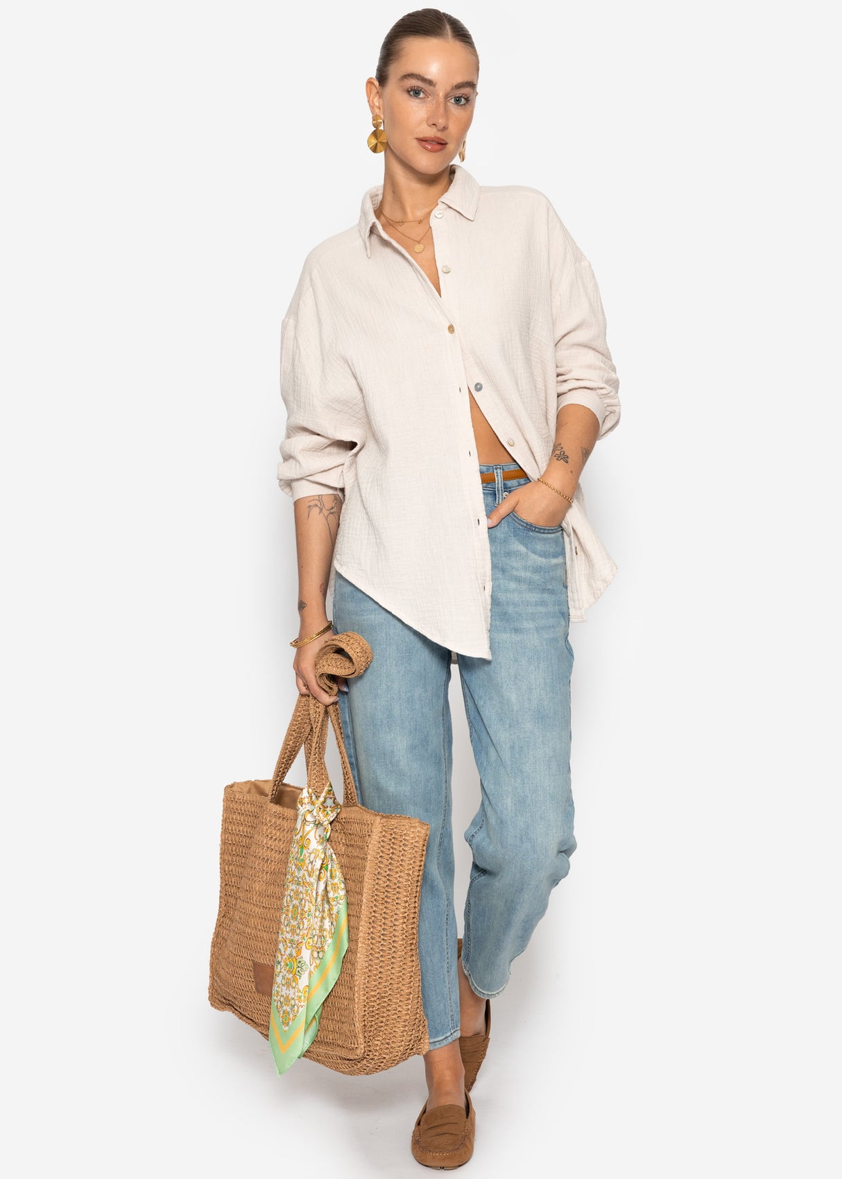 Musselin Bluse oversize, kurz, hellbeige