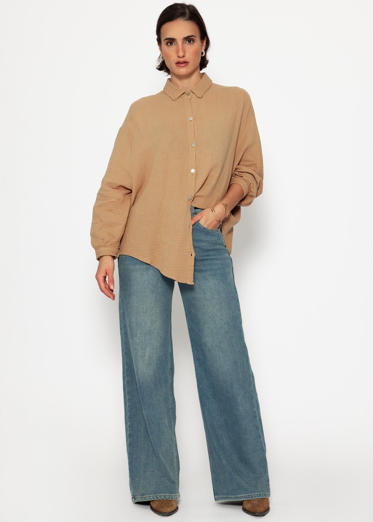 Musselin Bluse oversize kurz - hellbraun