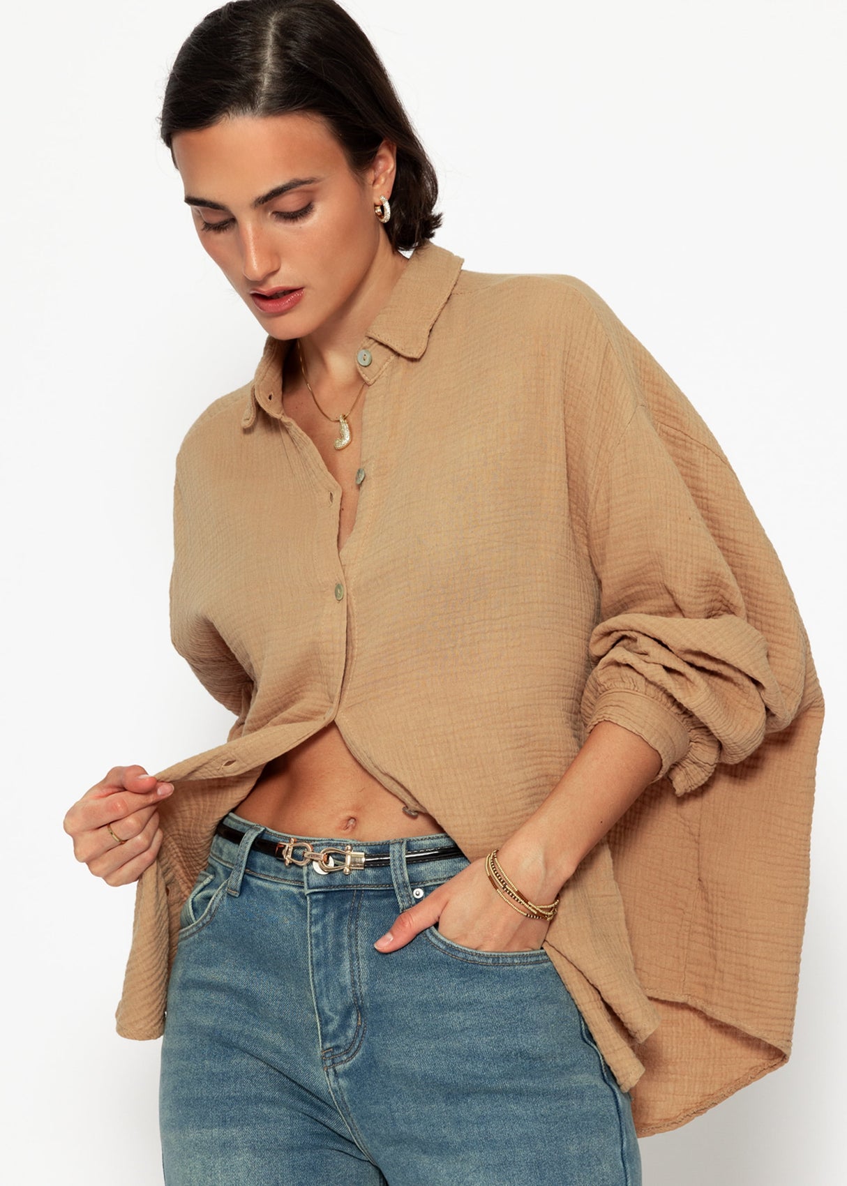 Musselin Bluse oversize kurz - hellbraun