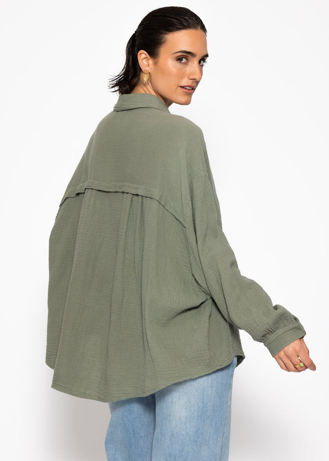 Short oversized muslin blouse - khaki