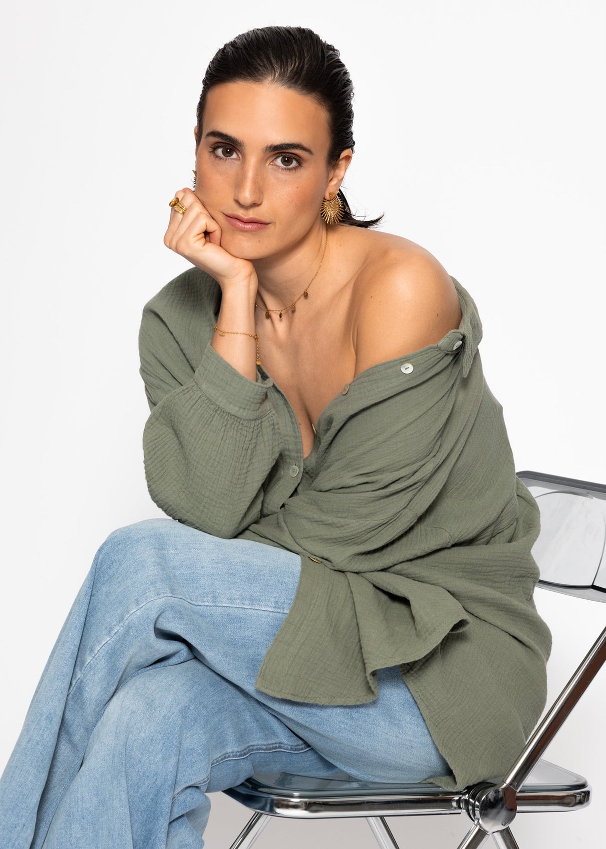 Musselin Bluse oversize, kurz - khaki