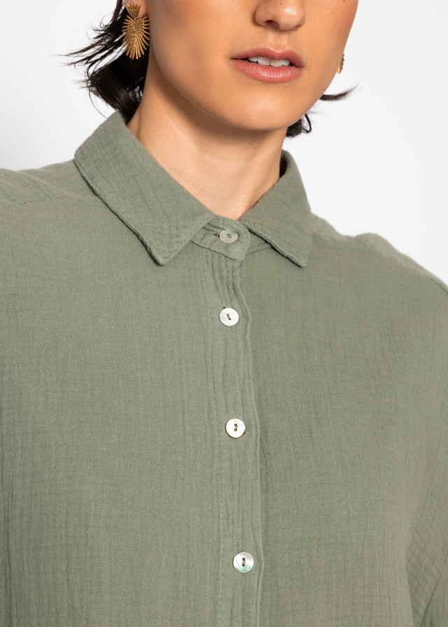 Short oversized muslin blouse - khaki