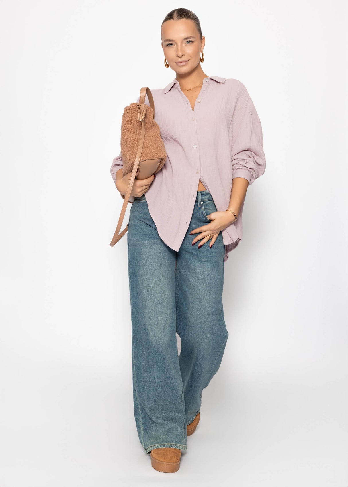 Muslin blouse oversize, short, powder pink