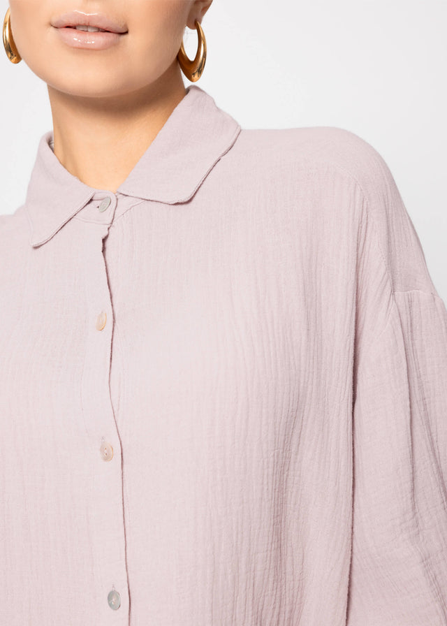Short oversized muslin blouse - powder rose