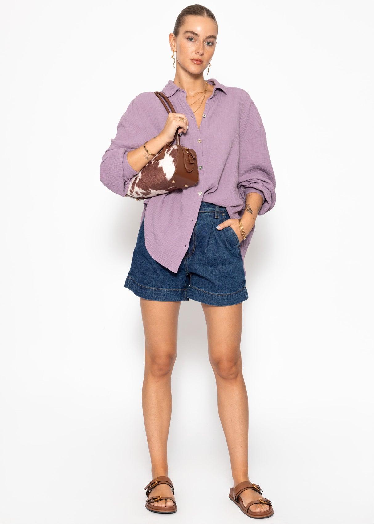 Muslin blouse oversize, short, purple