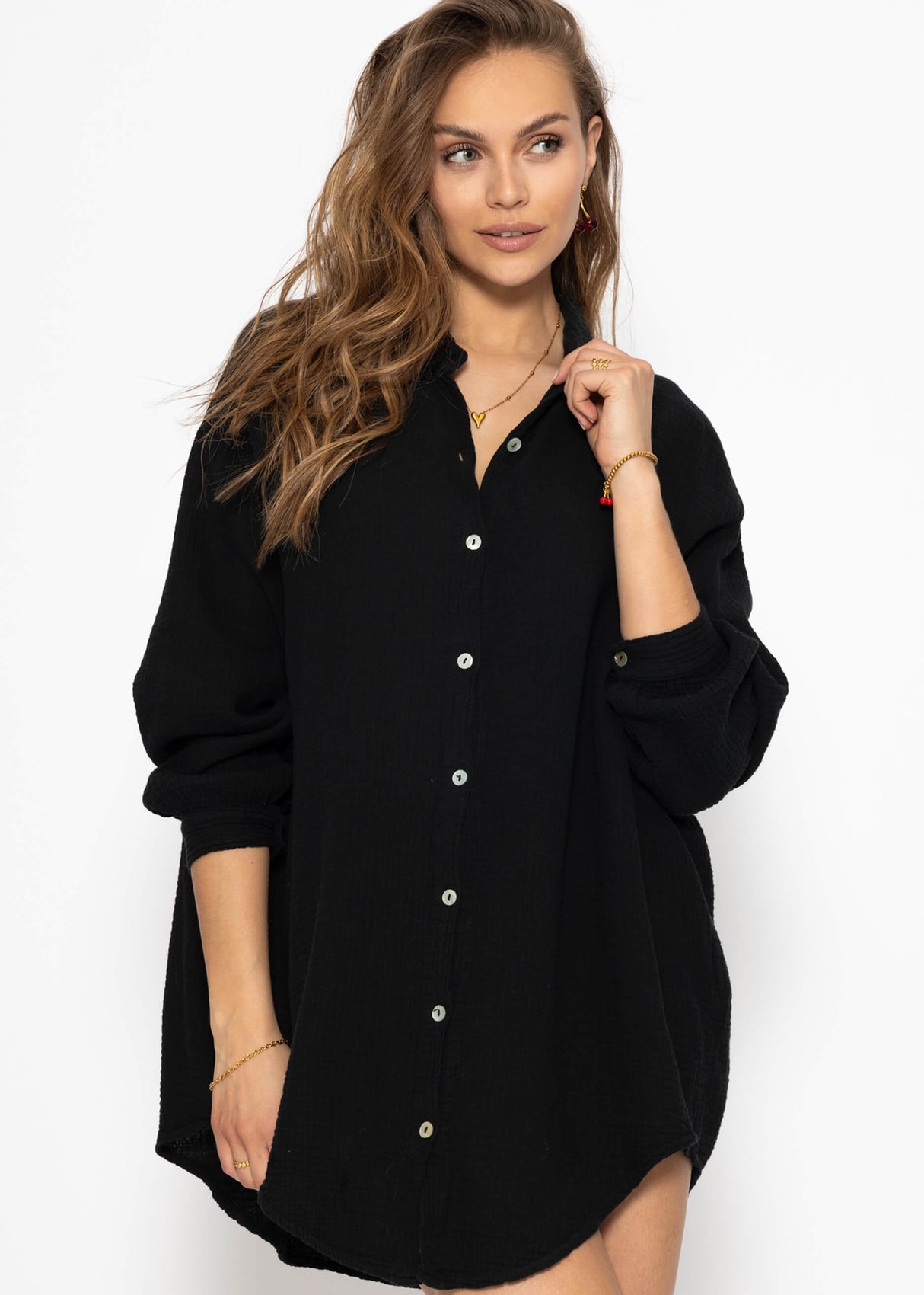 Musselin Bluse oversize, schwarz