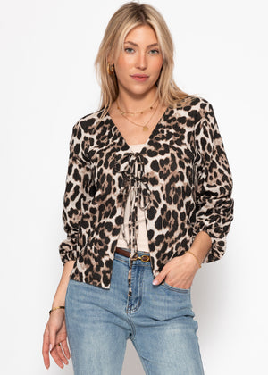 Musselin Blusenjacke mit Bindebänder in Leo-Print - braun