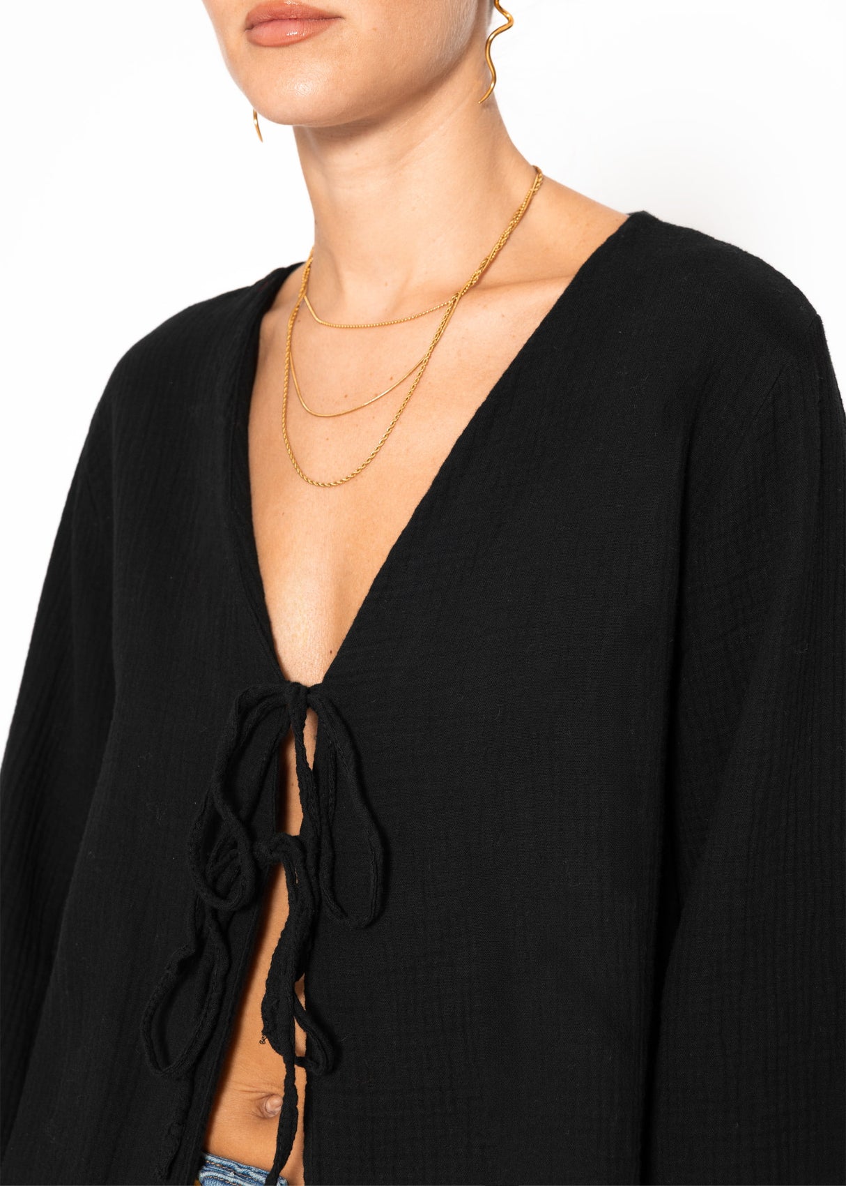 Muslin blouse jacket with ties - black