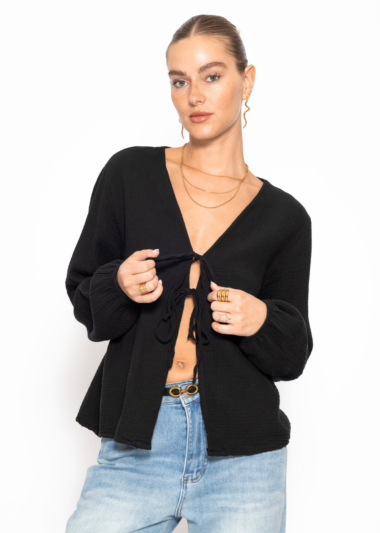 Muslin blouse jacket with ties - black