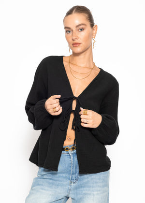Muslin blouse jacket with ties - black