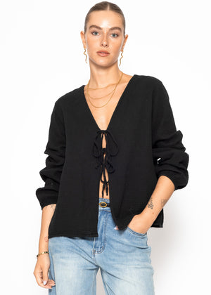 Muslin blouse jacket with ties - black