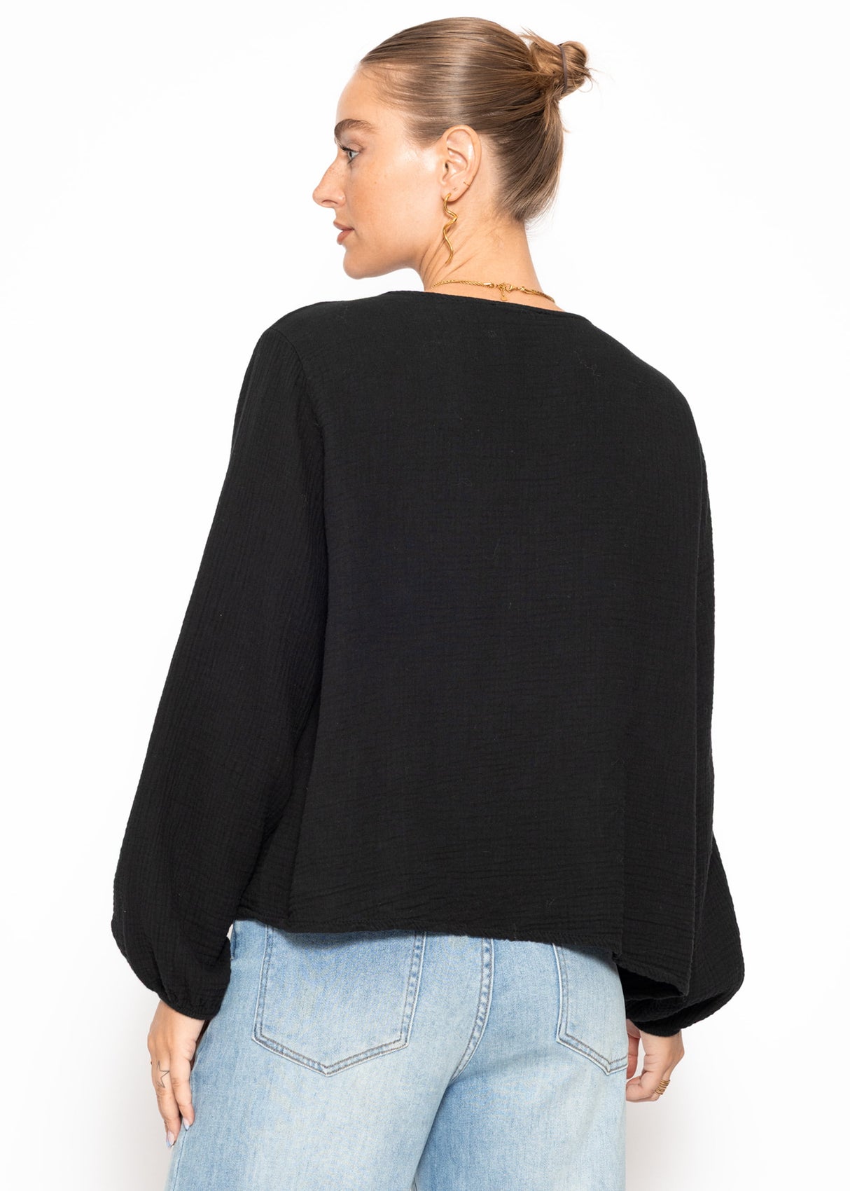 Muslin blouse jacket with ties - black