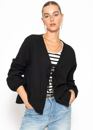 Muslin blouse jacket with ties - black
