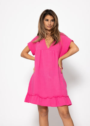 Muslin dress with V-neck - pink
