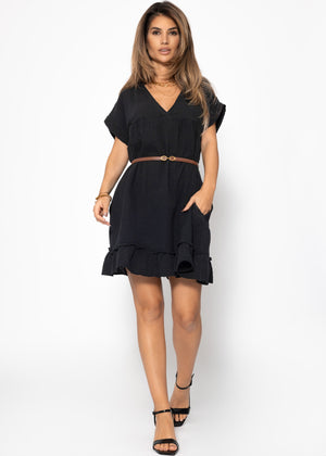 Musselin Kleid mit V-Ausschnitt - schwarz