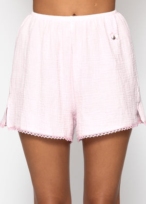Musselin Pyjamashorts mit Spitzenborte - rosa