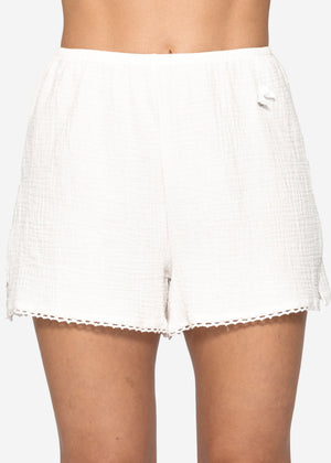 Musselin Pyjamashorts mit Spitzenborte - weiß