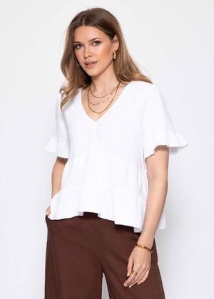 Muslin Shirt with Ruffles and Deep V-Neck - White
