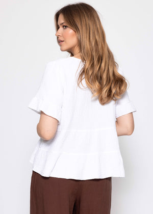 Muslin Shirt with Ruffles and Deep V-Neck - White