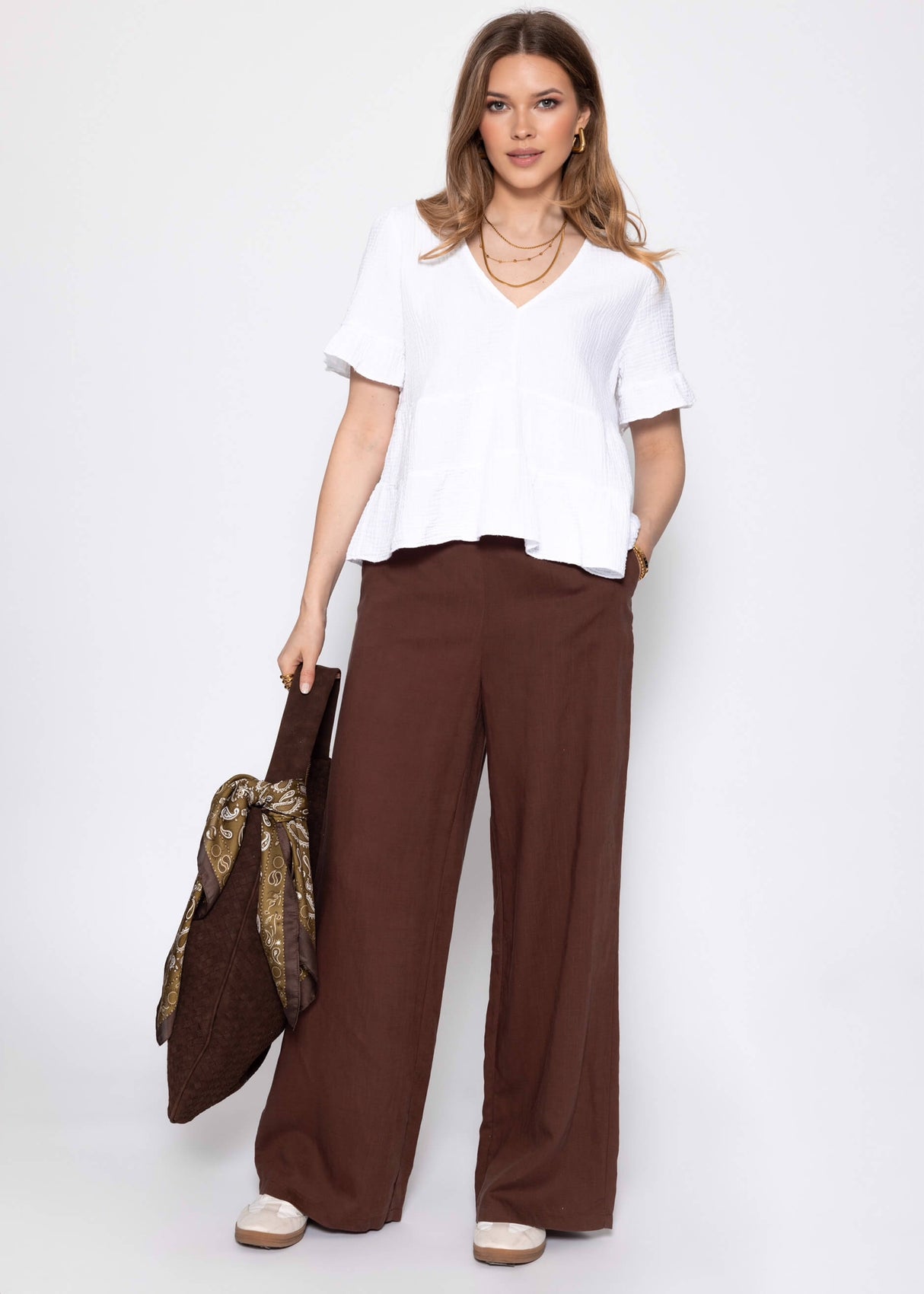 Muslin Shirt with Ruffles and Deep V-Neck - White