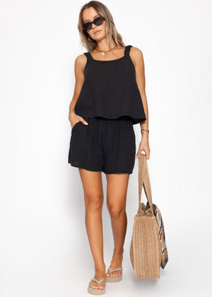 Musselin top with gathered straps - black