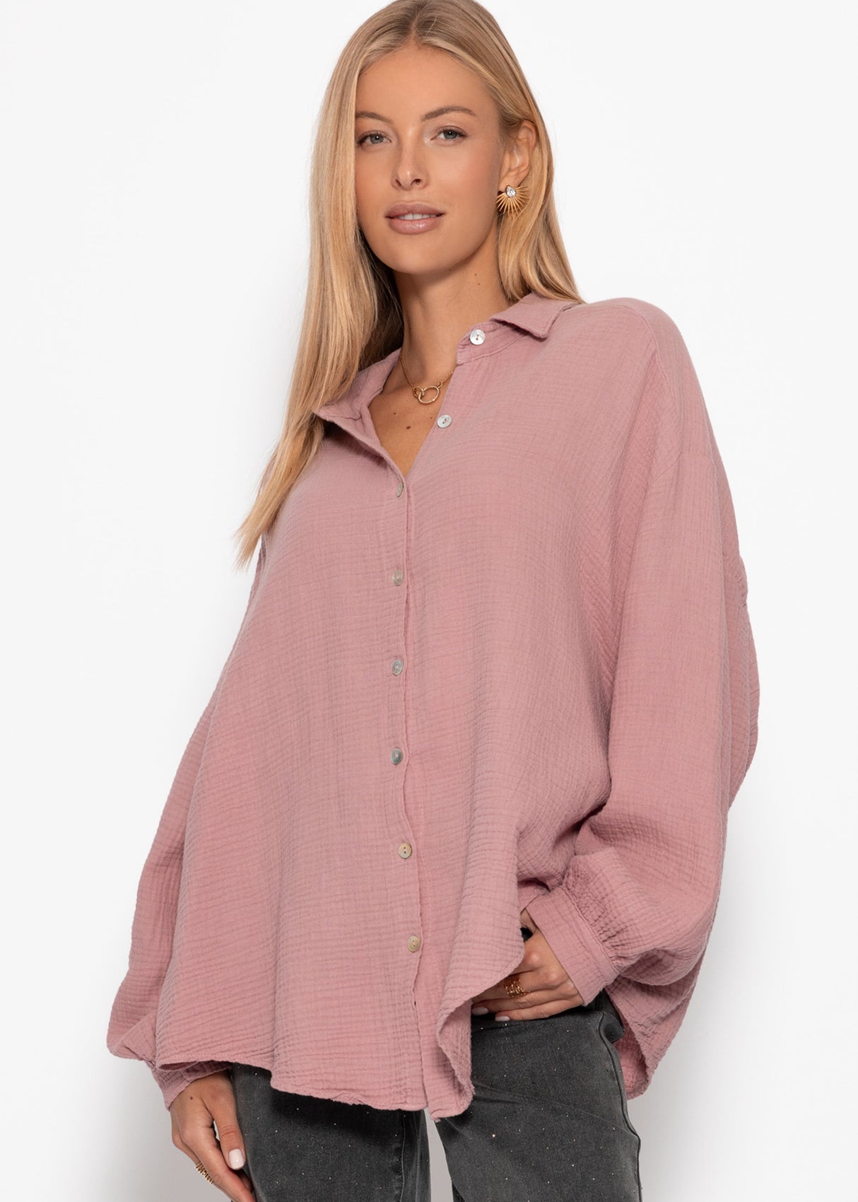 Muslin blouse oversize, short, old pink