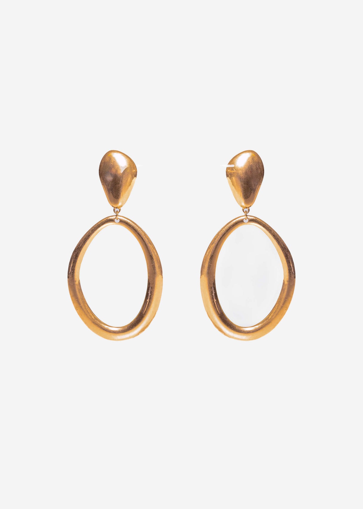 Stud earrings with large oval pendant - gold