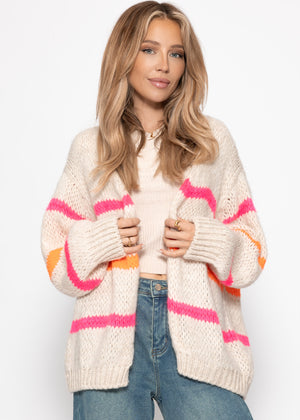 Oversize cardigan with pink and orange stripes, off-white