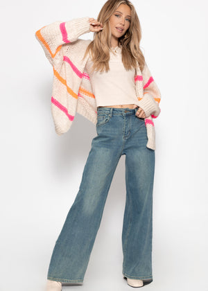 Oversize cardigan with pink and orange stripes, off-white