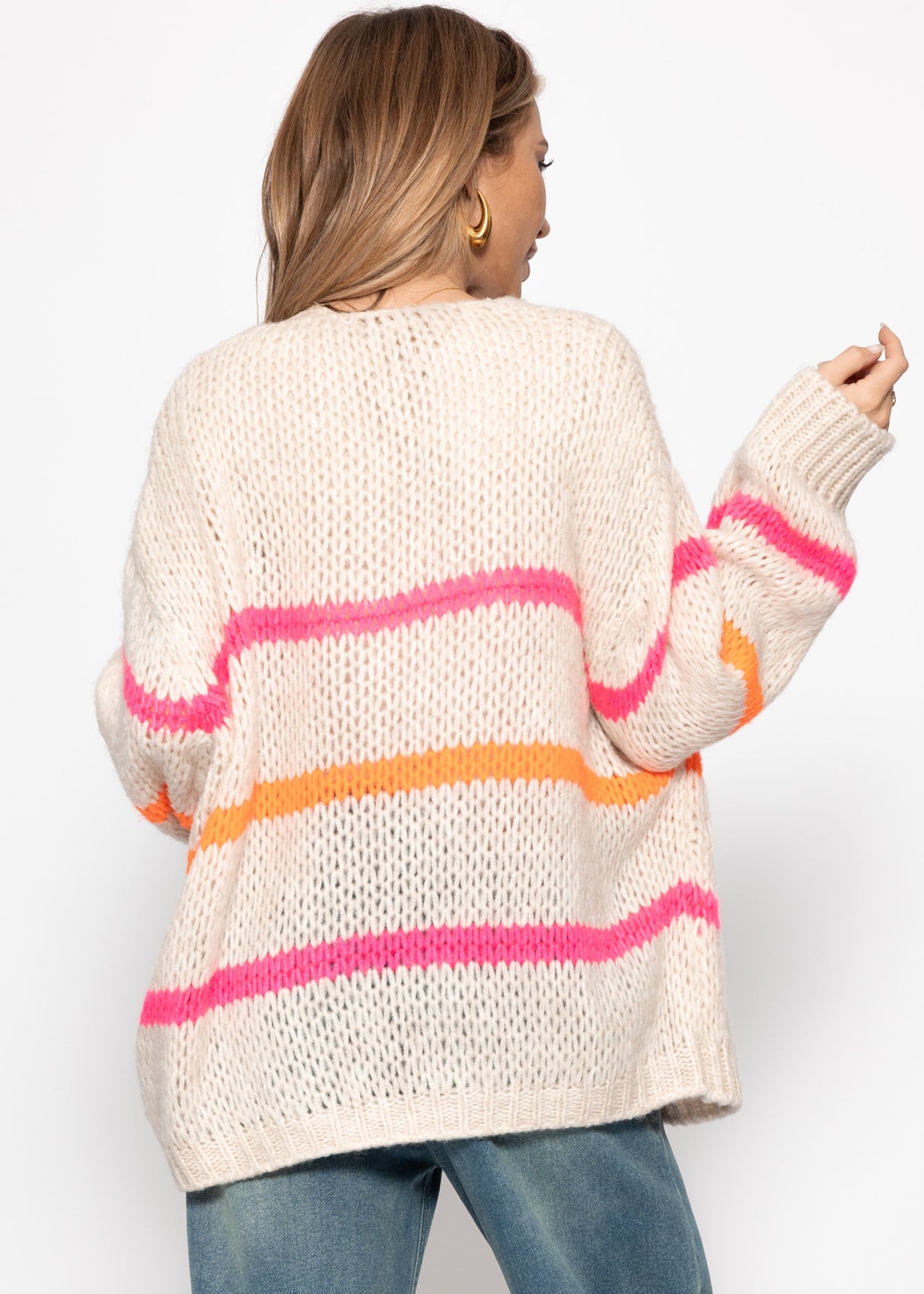 Oversize cardigan with pink and orange stripes, off-white