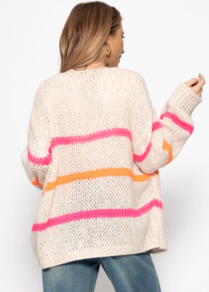 Oversize cardigan with pink and orange stripes, off-white