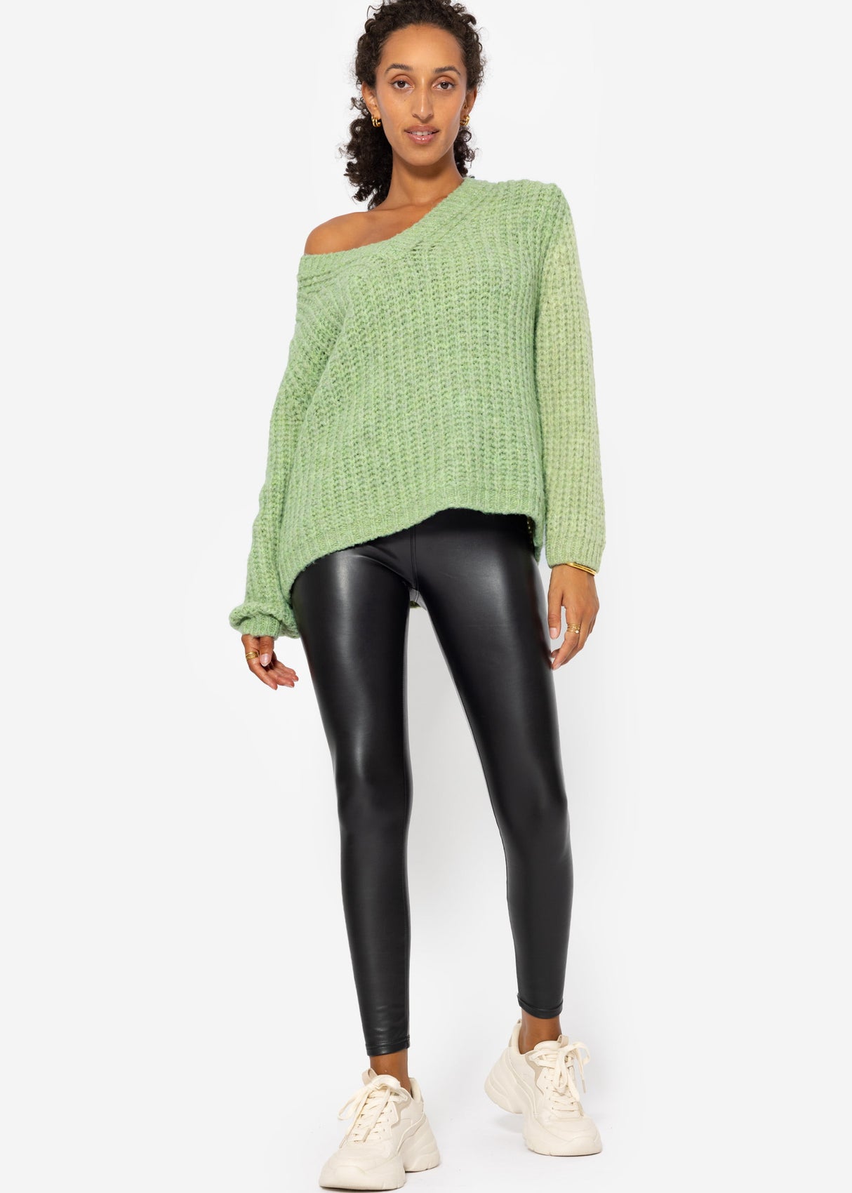 Oversized chunky knit V-neck sweater - sage green