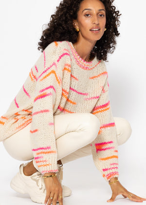 Oversized sweater with orange and pink stripes - beige
