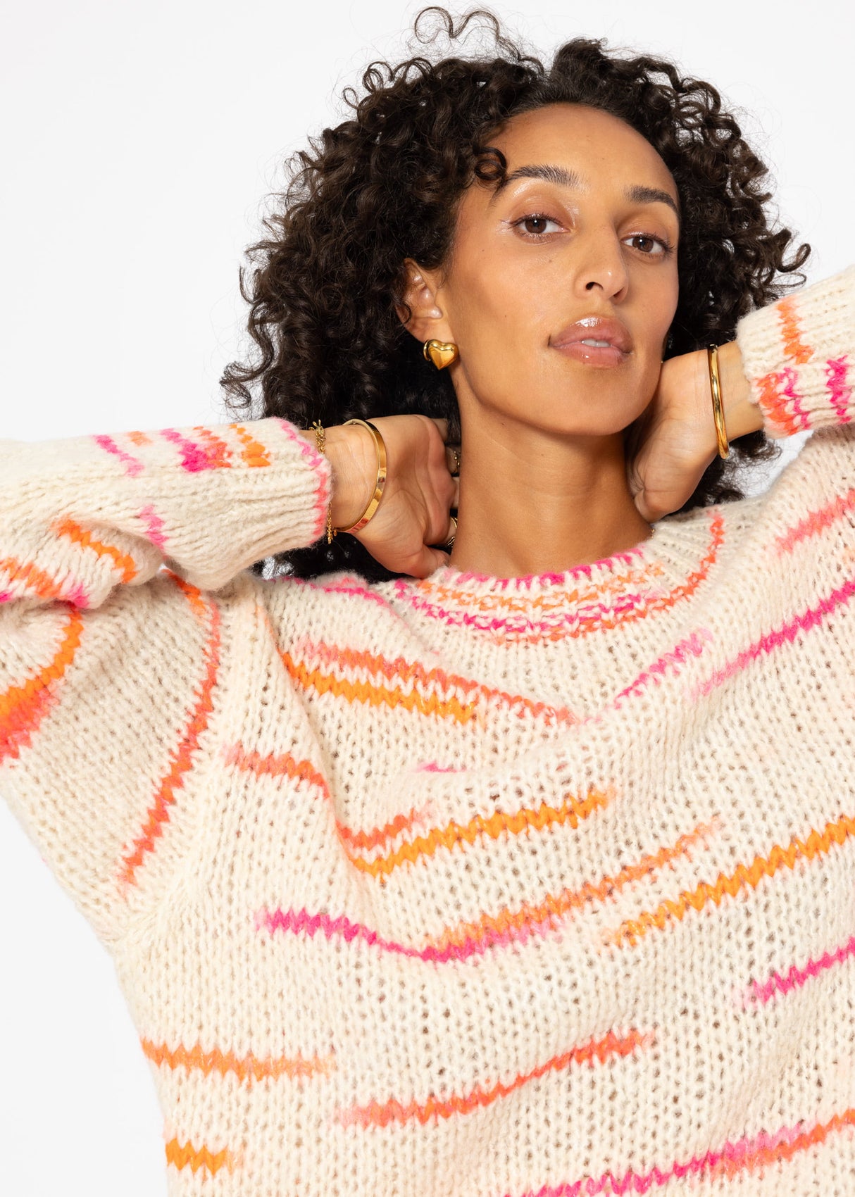 Oversized sweater with orange and pink stripes - beige