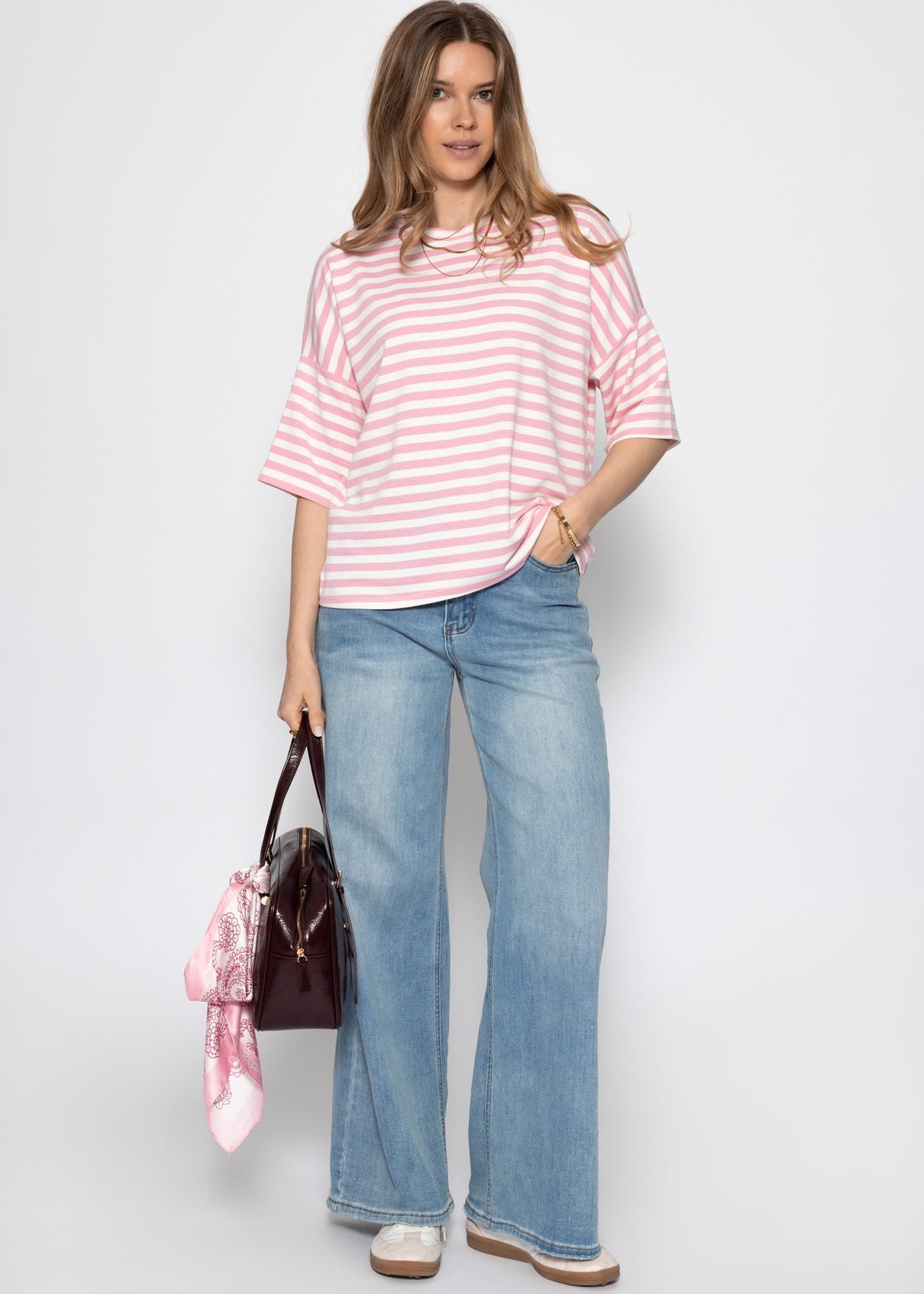 Oversize T-Shirt mit Streifen - rosa-weiß