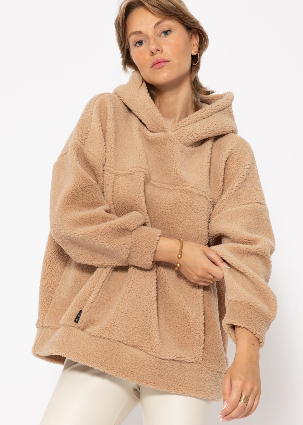 Oversized teddy hoodie with pockets - beige