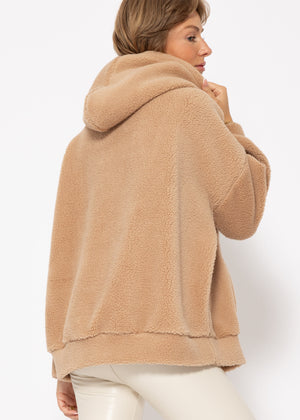 Oversized teddy hoodie with pockets - beige
