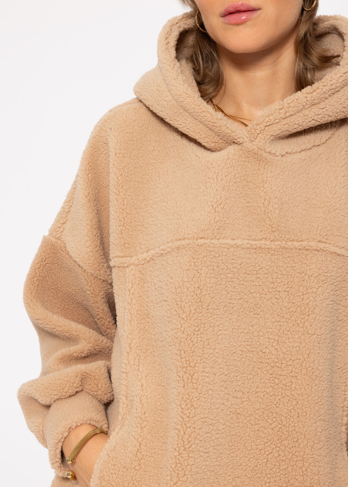Oversized teddy hoodie with pockets - beige