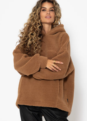 Oversize teddy sweatshirt with hood - camel