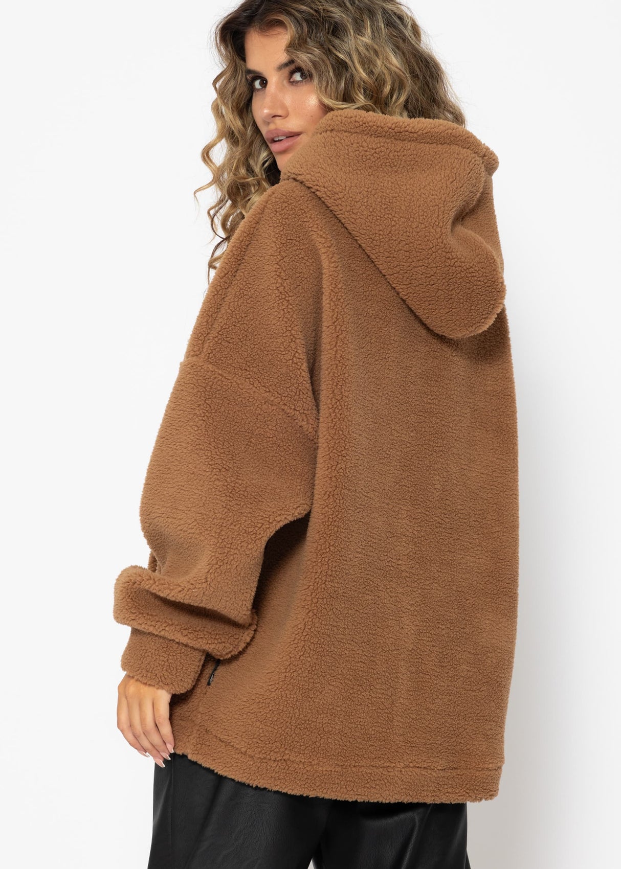 Oversize teddy sweatshirt with hood - camel