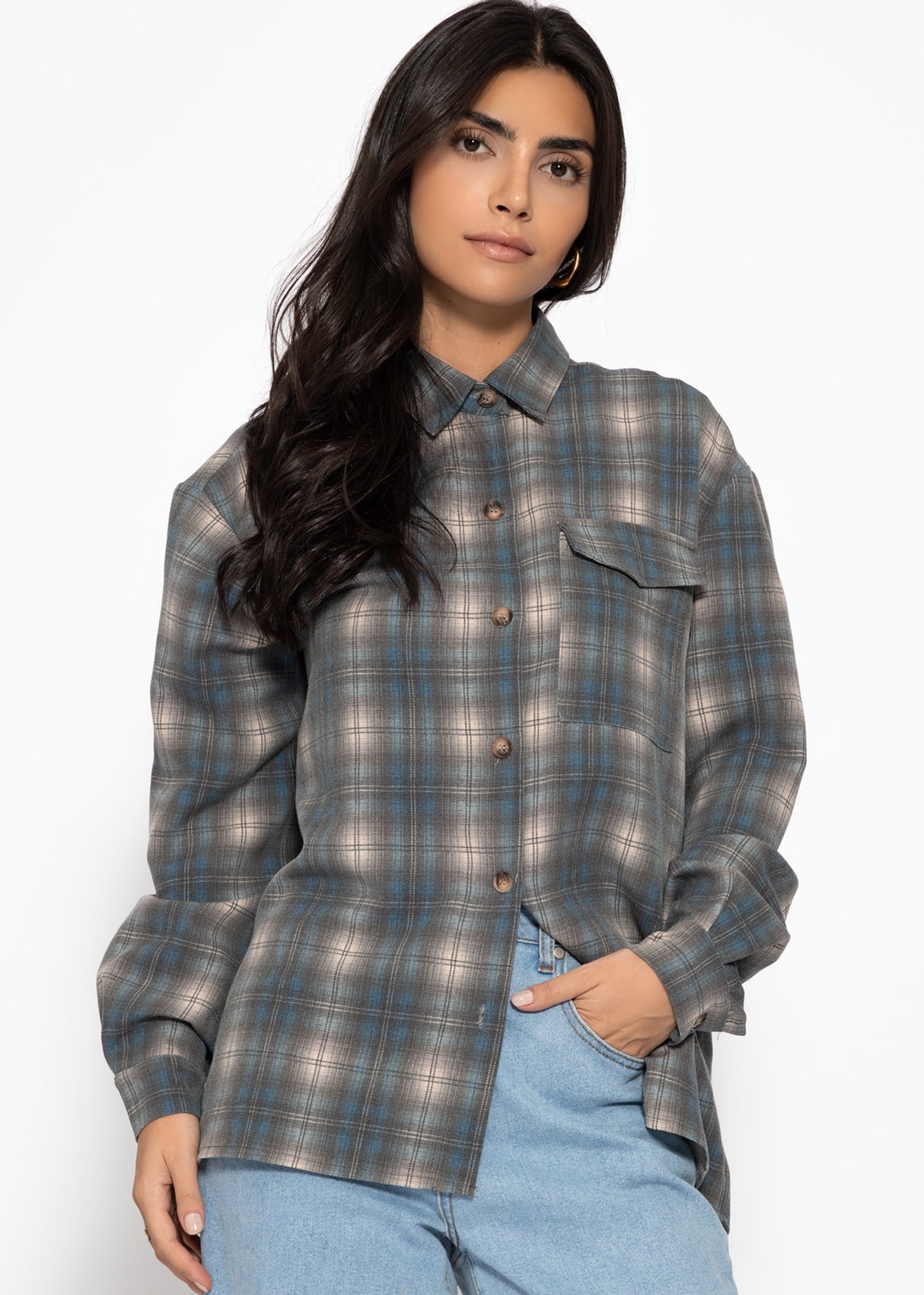 Oversize karierte Hemdbluse - grau