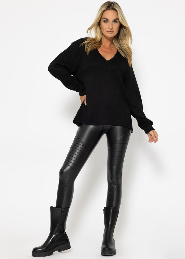 Oversized soft jumper with deep V-neck - black