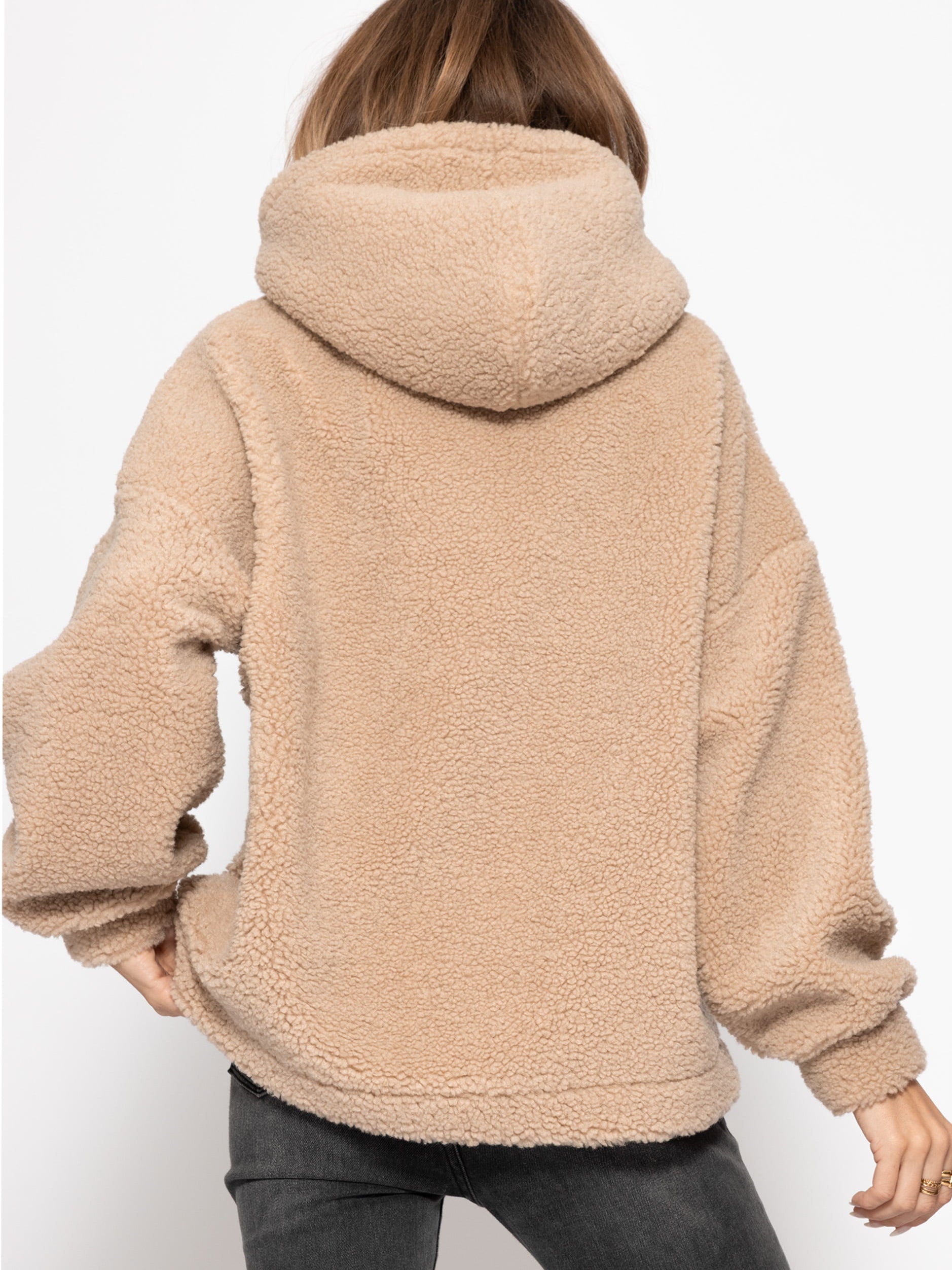 Oversized hooded teddy sweatshirt - beige brown