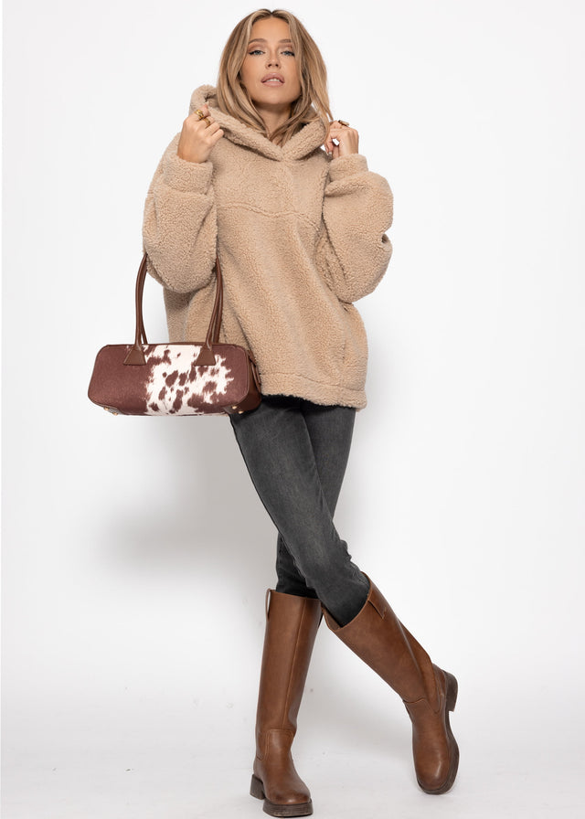 Oversized hooded teddy sweatshirt - beige brown