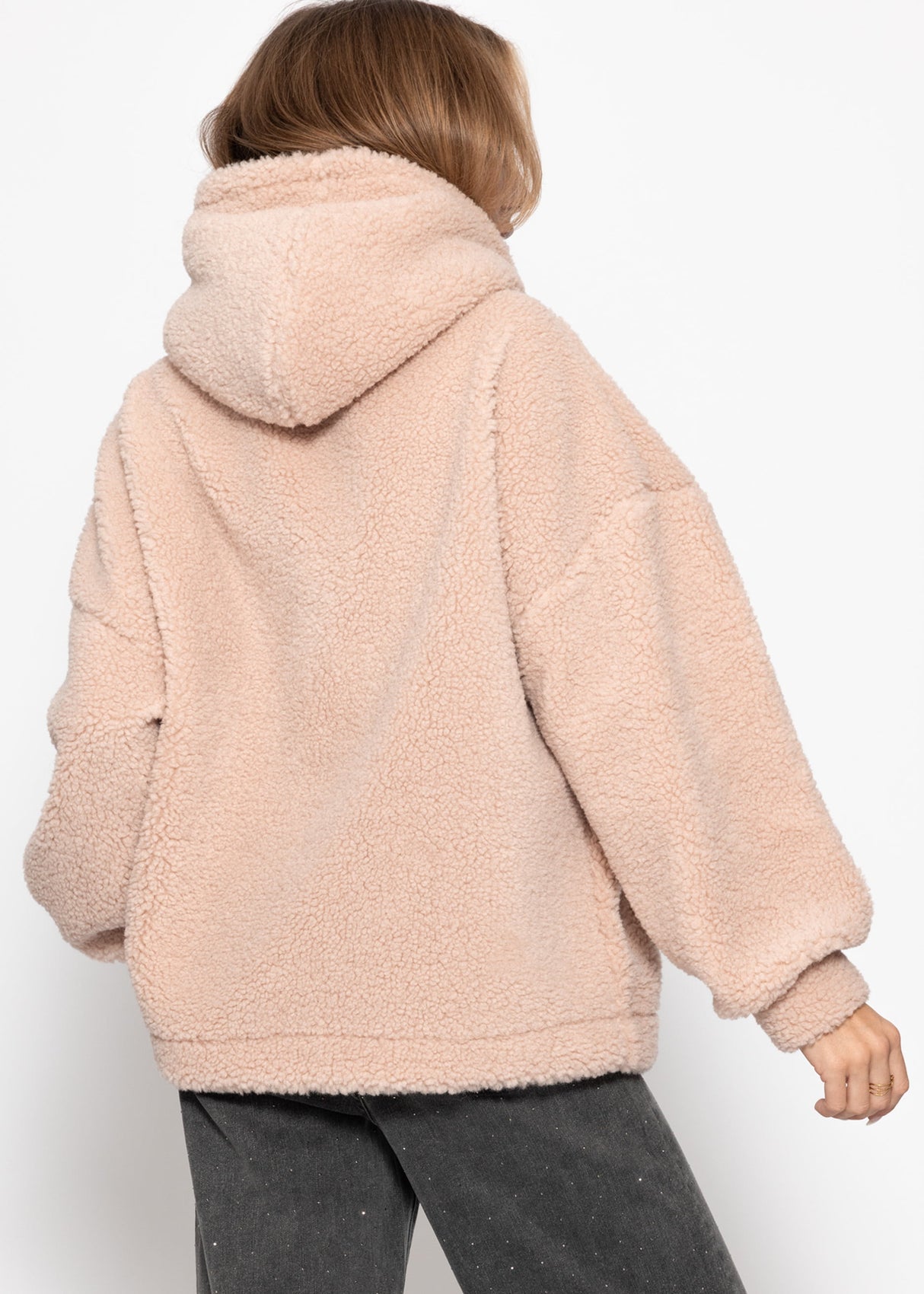 Oversize teddy sweatshirt with hood - pink