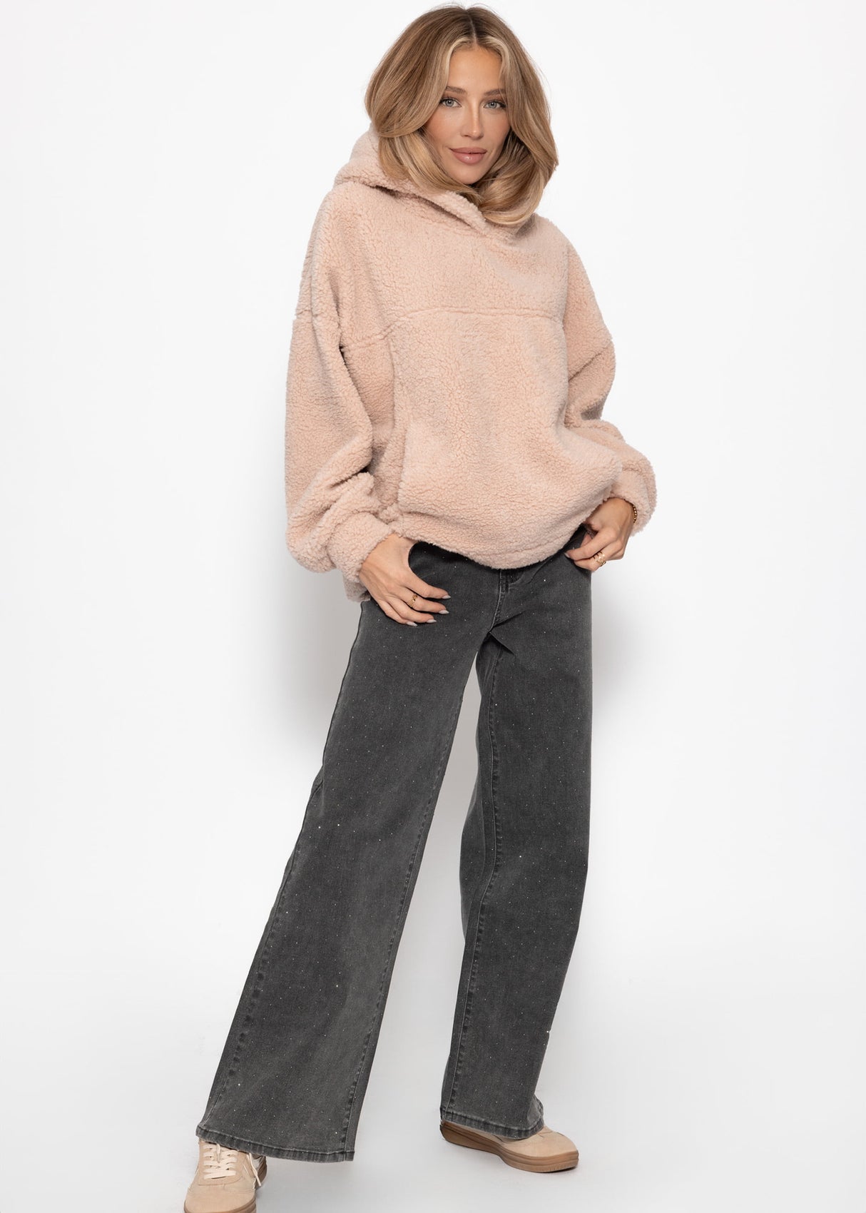 Oversize teddy sweatshirt with hood - pink