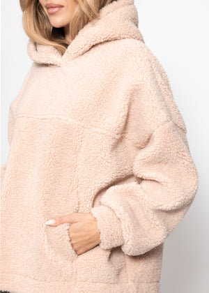 Oversize teddy sweatshirt with hood - pink